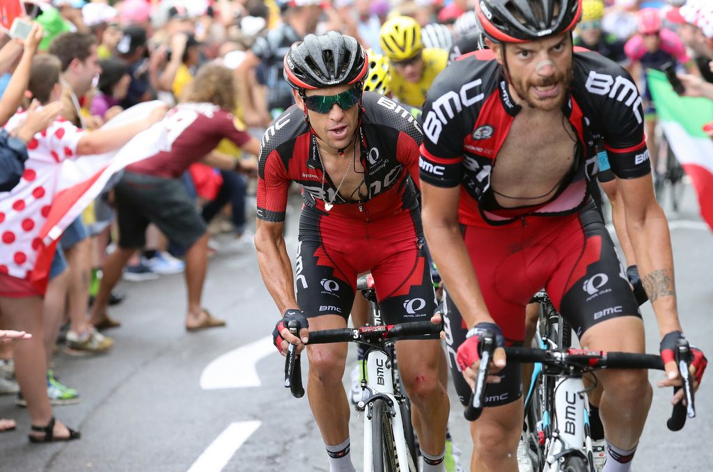 Damiano Caruso leads teammate Richie Porte (BMC)