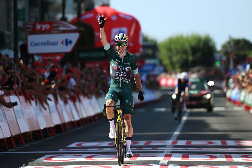 BAIONA SPAIN AUGUST 27 Wout van Aert of Belgium and Team Visma Lease a Bike Green Points Jersey celebrates at finish line as stage winner during the La Vuelta 79th Tour of Spain 2024 Stage 10 a 160km stage from Ponteareas to Baiona UCIWT on August 27 2024 in Baiona Spain Photo by Dario BelingheriGetty Images