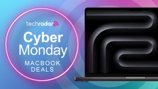 A MacBook Pro against a TechRadar Cyber Monday MacBook Deals background