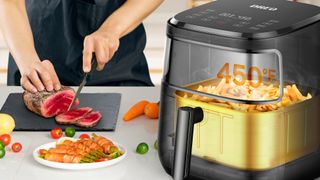 Chef cutting meat with Dreo air fryer nearby