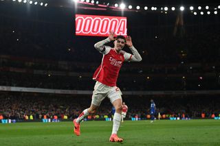 Arsenal's German midfielder #29 Kai Havertz celebrates after scoring their third goal during the English Premier League football match between Arsenal and Chelsea at the Emirates Stadium in London on April 23, 2024.