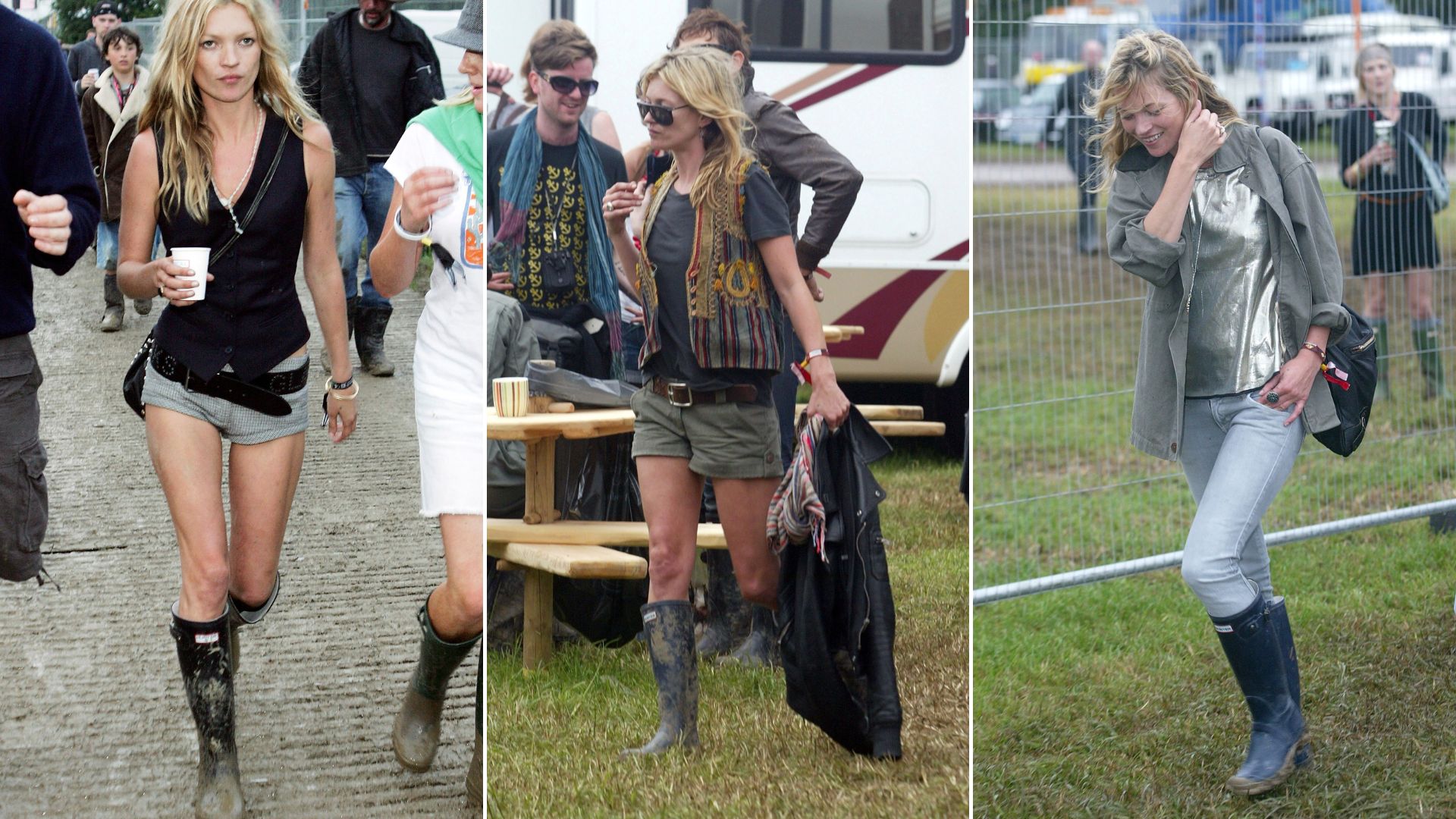 Kate Moss at Glastonbury Festival in 2005 and 2008