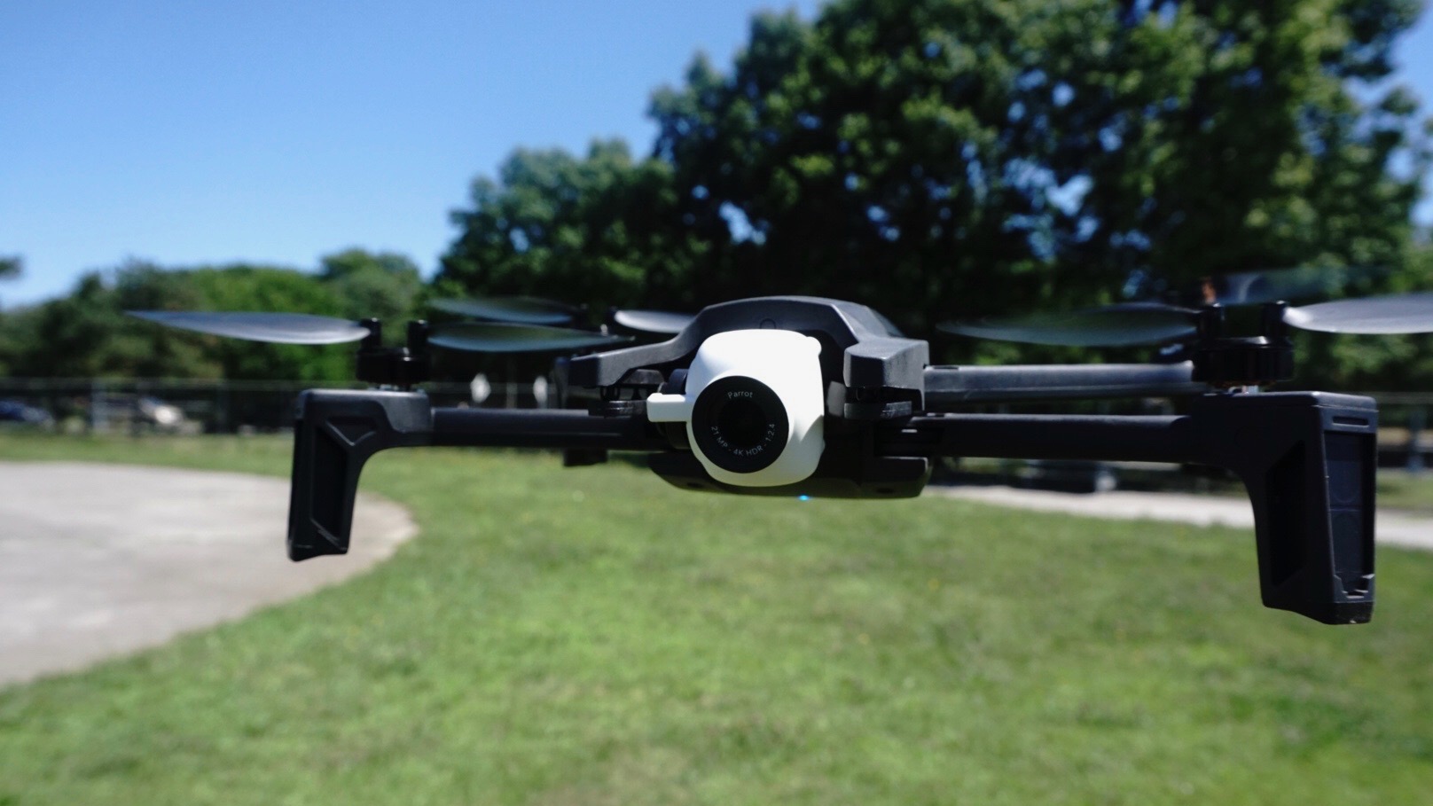 The Parrot Anafi being flown in a park during a test flight