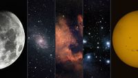 a five panel image left to right, moon, spiral galaxy, vivid red nebula, blue stars and on the right - the sun with sunspots.