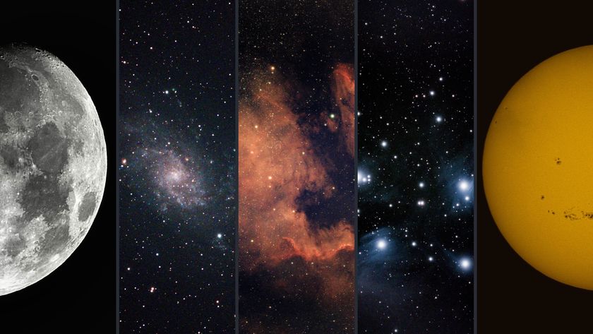 a five panel image left to right, moon, spiral galaxy, vivid red nebula, blue stars and on the right - the sun with sunspots.
