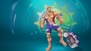 Screenshot of Captain America's swimsuit cosmetic in Marvel Rivals, showing Cap in a skin-tight blue and red swimming costume.