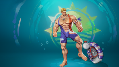 Screenshot of Captain America's swimsuit cosmetic in Marvel Rivals, showing Cap in a skin-tight blue and red swimming costume.