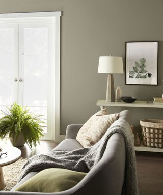 An olive green room with large windows, a curved gray couch and a console table decorated with a lamp and artwork