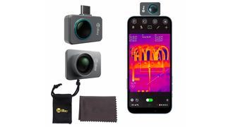 InfiRay P2 Pro thermal camera and accessories shown seperately and connected to a phone in operation