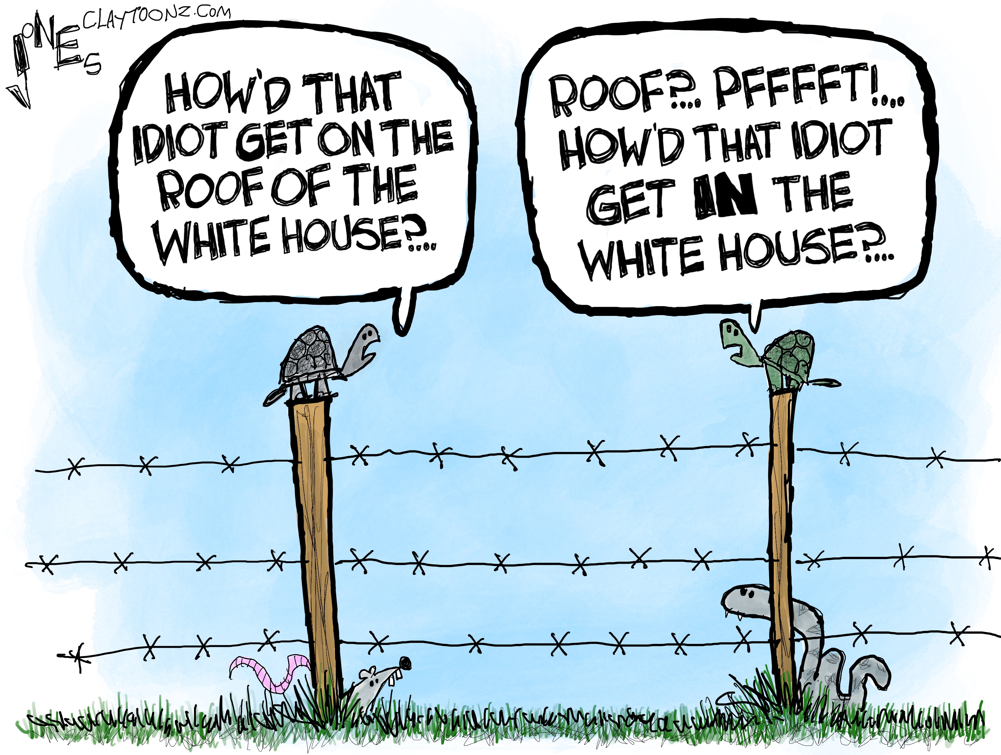 This cartoon depicts two turtles sitting on posts in a barbed wire fence. One turtle says, “How’d that idiot get on the roof of the White House?” The other turtle responds, “Roof? Pfffft! How’d that idiot get IN the White House?”