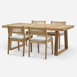 The Castlery Rio Teak Dining Table, chairs and bench on a white background