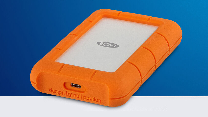 LaCie Rugged External Hard Drive against a blue and grey background