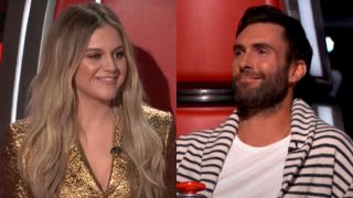 In side-by-side images, Kelsea Ballerini and Adam Levine are shown sitting in Big Red Chairs on The Voice.