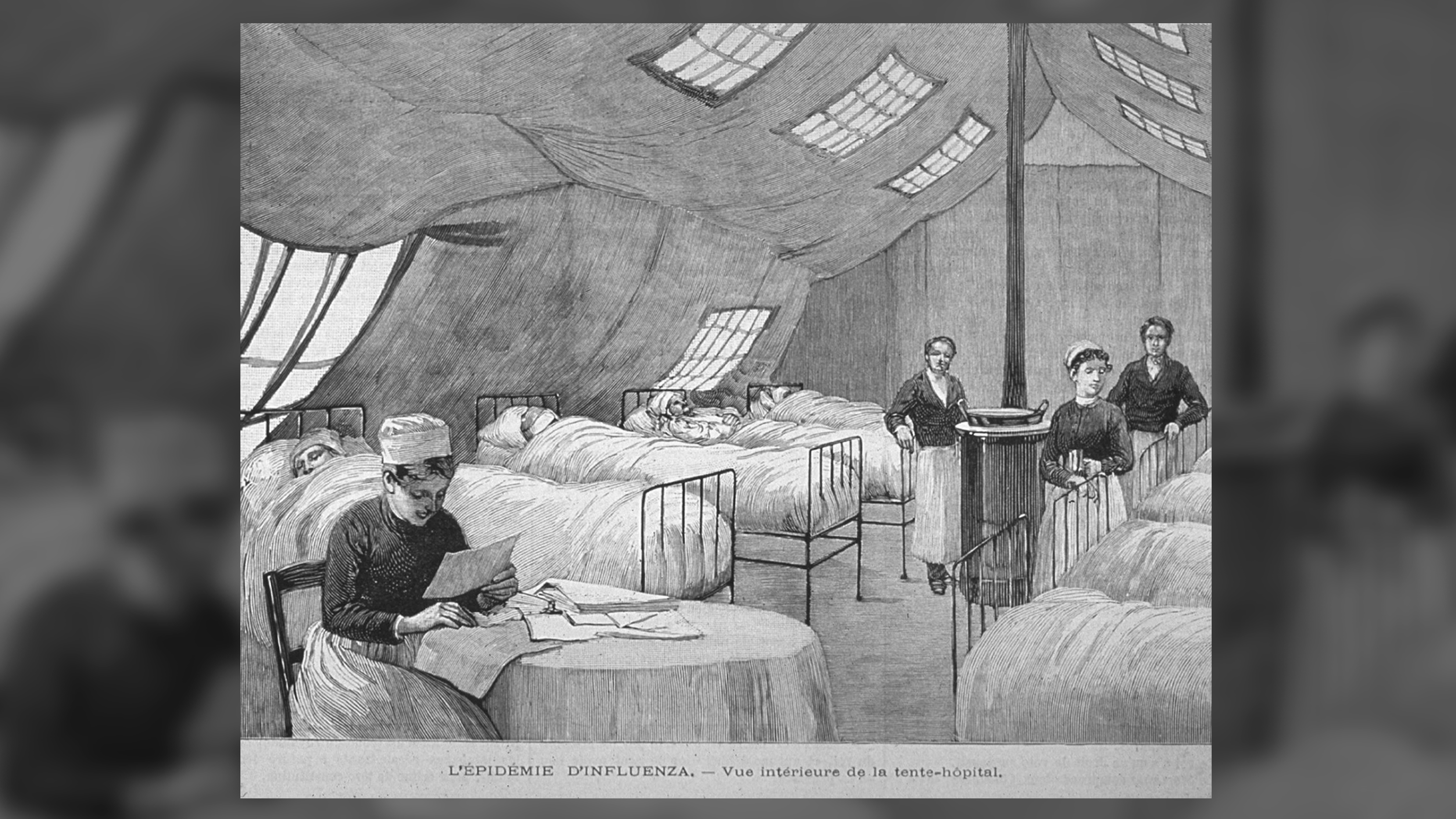 Wood engraving showing nurses attending to patients in Paris during the 1889-90 flu epidemic.