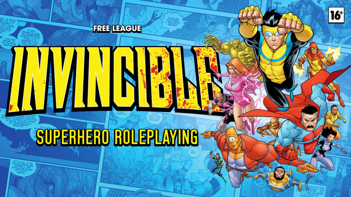 Invincible comic book art with the &quot;Invincible Superhero Roleplaying&quot; logo on top 