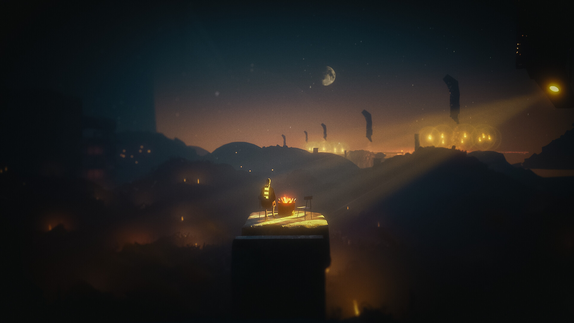 In stylized side-scrolling platforming adventure, 4:AM, protagonist Aila looks out over a near-future dystopian city covered in streaks of yellow light and patrolling machines