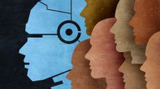 Artificial intelligence concept image showing side profile of AI agents and human workers.