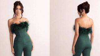 2 images of a woman wearing the green Tessa Corset Jumpsuit with Feathered Trim