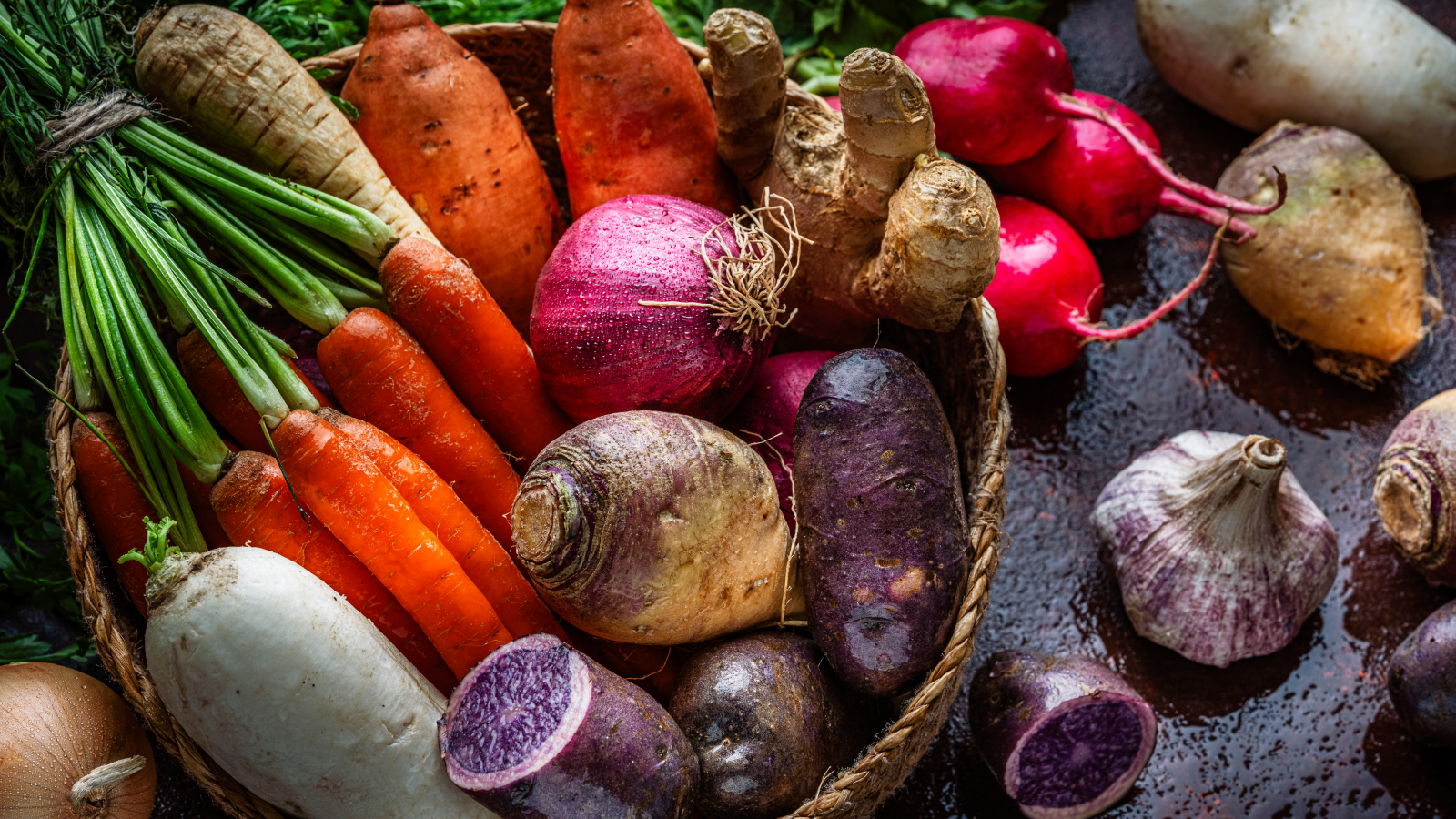 Collection of root vegetables in a basket