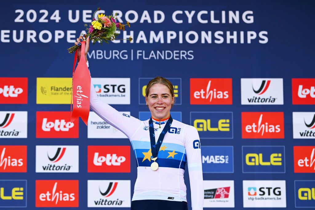 HASSELT BELGIUM SEPTEMBER 13 Gold medalist Sofie Van Rooijen of Team Netherlands poses on the podium during the 30th UEC Road Cycling European Championships 2024 Womens U23 Road Race a 1014km one day race from HeusdenZolder to Hasselt UCIWWT on September 13 2024 in Hasselt Belgium Photo by Luc ClaessenGetty Images