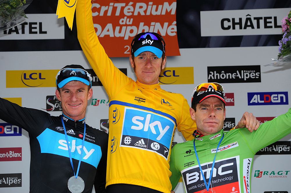 Michael Rogers cebebrates with teammate Bradley Wiggins at the 2012 Criterium du Dauphine