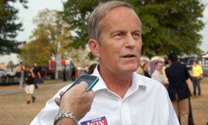 Rep. Todd Akin (R-Mo.) talks with reporters while attending the Missouri State Fair on Aug. 16, just days before putting his campaign in jeopardy with absurd claims about rape.