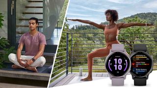 Two people meditating and practicing Yoga, in front of two Garmin Vivoactive 5 watches