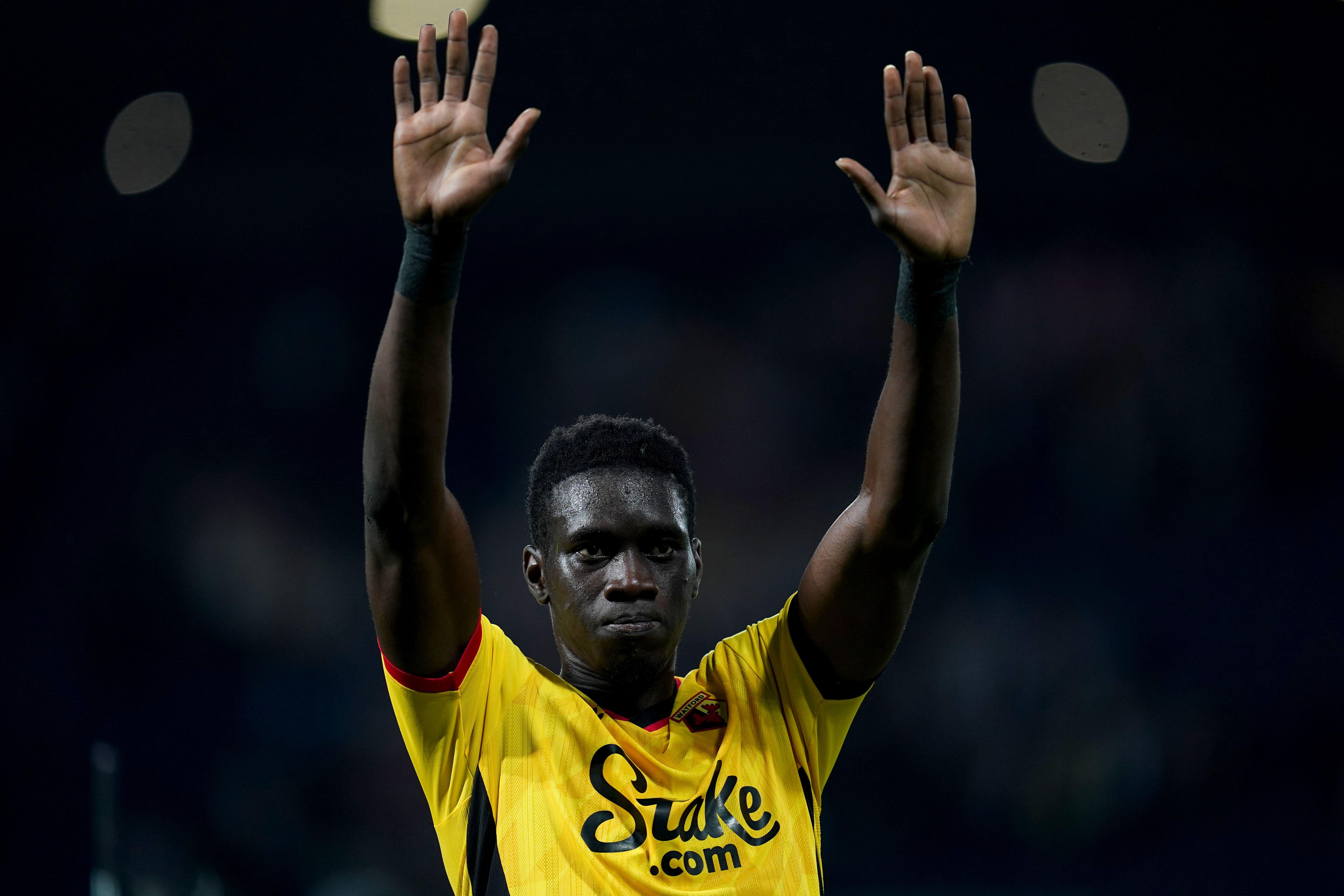 Ismaila Sarr acknowledges the fans after Watford's 1-1 draw with West Bromwich Albion in which he scored from inside his own half, 2022