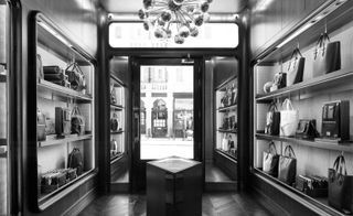 The store also plays on the brand’s signature diamond motif, featuring a diamond cut-out ceiling and a jewel shaped display case in its centre