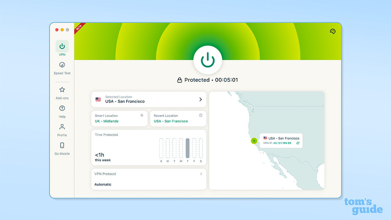 Screenshot of ExpressVPN's beta Mac Qt app homepage