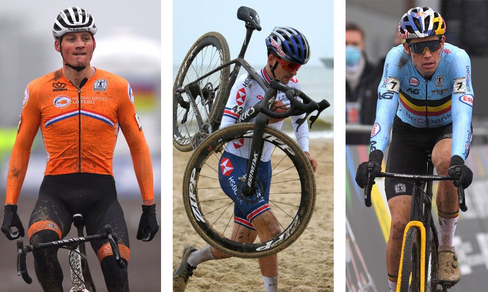 Mathieu van der Poel, Tom Pidcock and Wout van Aert compete at UCI Cyclo-Cross World Championships Oostende 2021