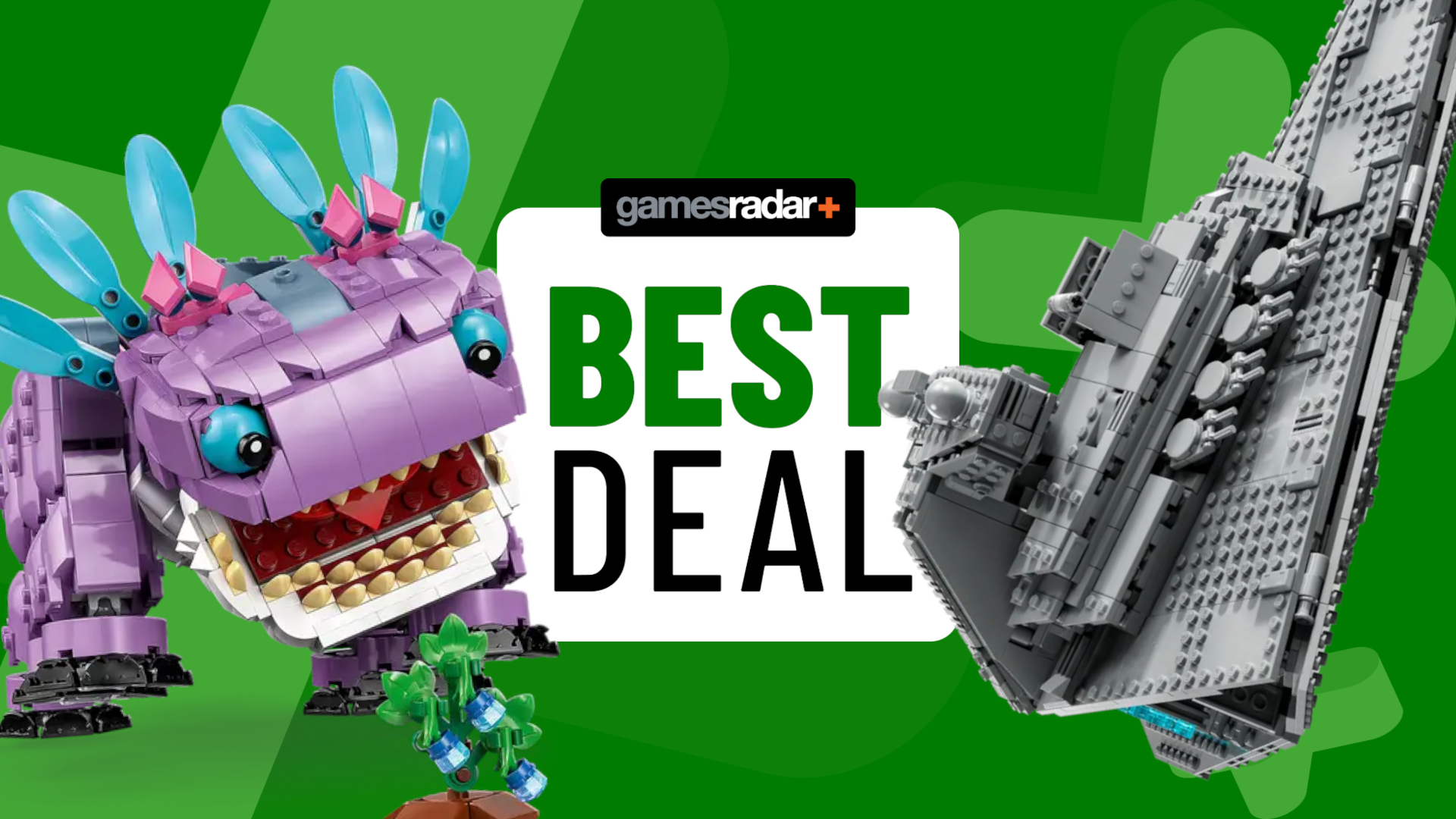 Lego Klombo and Star Destroyer sets on either side of a GamesRadar+ &#039;best deal&#039; badge, all against a green background with crosses