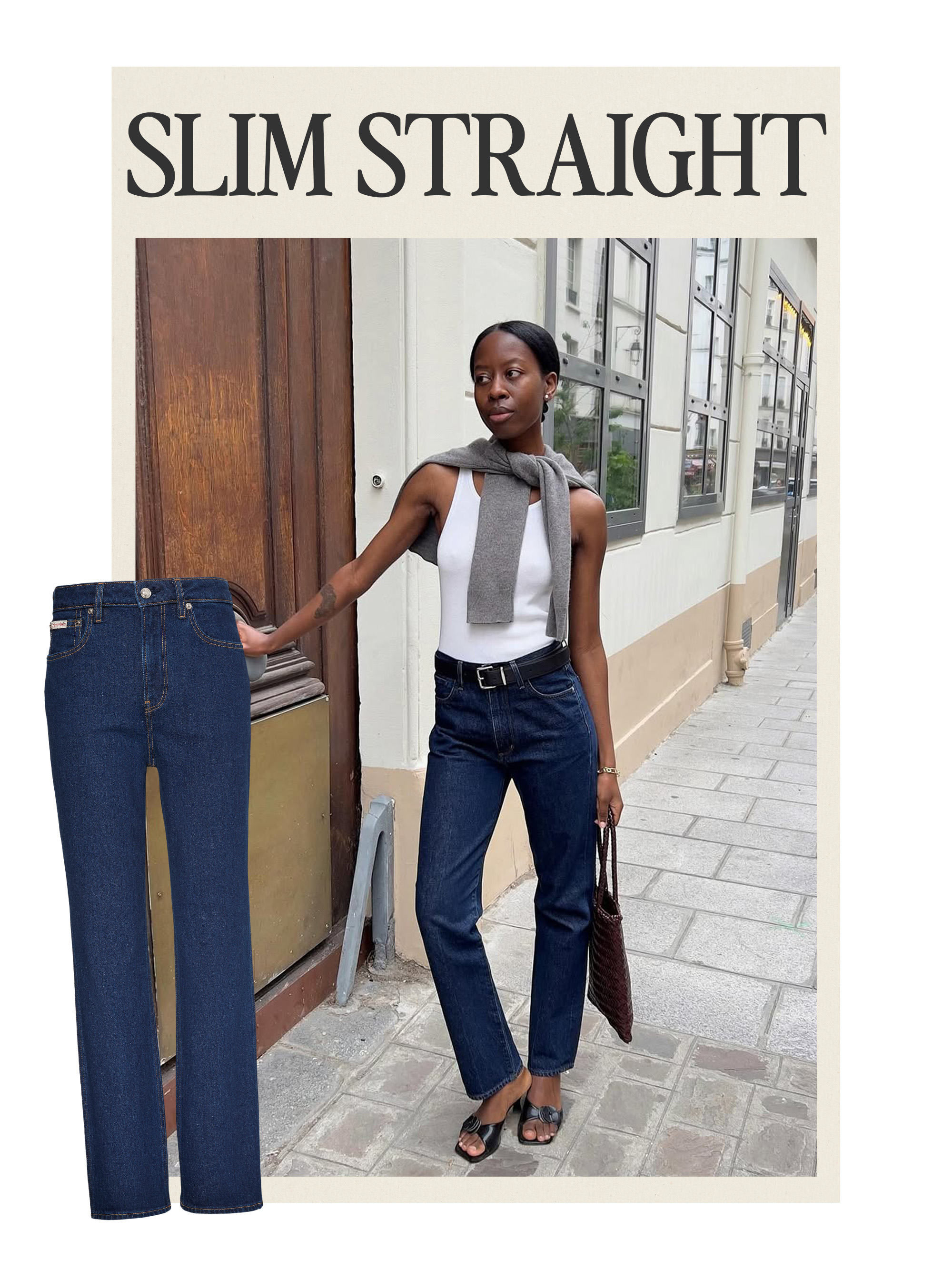 A woman in dark-wash denim jeans