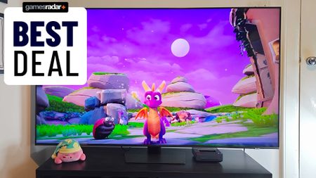 Samsung QN85D with Spyro the Dragon gameplay on screen and badge on left that reads "GamesRadar+ Best Deal"