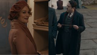 Dan Fogler and Alison Sudol pictured side by side in Fantastic Beasts: The Secrets of Dumbledore.