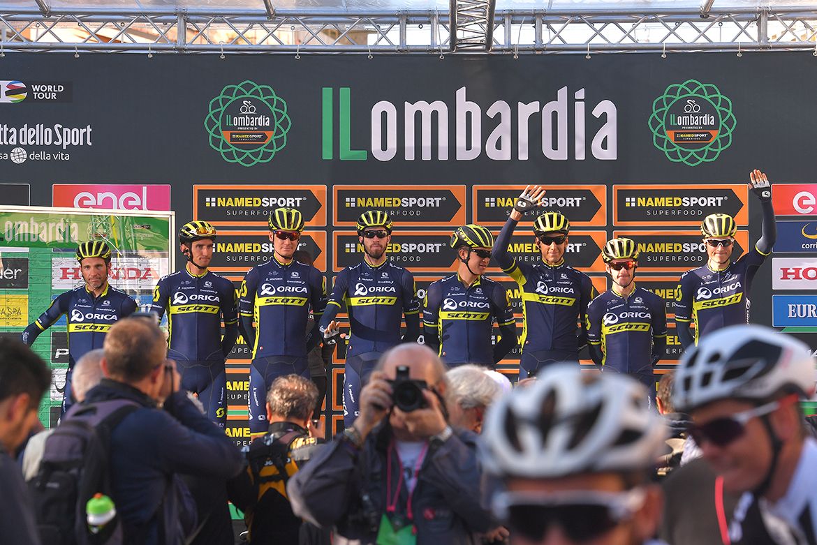 Orica-Scott, minus Esteban Chaves, are introduced to the crowd