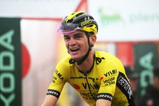 LAGOS DE COVADONGA SPAIN SEPTEMBER 03 Sepp Kuss of The United States and Team Visma Lease a Bike reacts after crosses the finish line during the La Vuelta 79th Tour of Spain 2024 Stage 16 a 1815km stage Luanco to Lagos de Covadonga 1069m UCIWT on September 03 2024 in Lagos de Covadonga Spain Photo by Dario BelingheriGetty Images