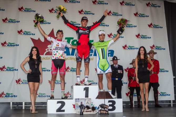 The top three podium for the stage.