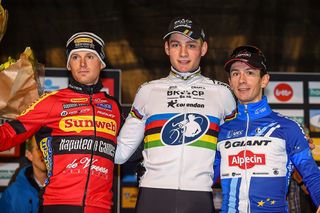 The podium of Kevin Pauwels (Sunweb-Napoleon Games), Mathieu van der Poel (BKCP-Corendon) and Lars van der Haar (Team Giant-Alpecin)