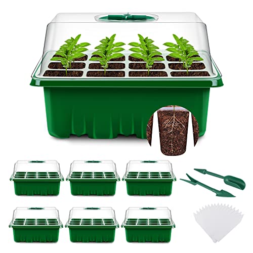 Yaungel Seed Trays, 6 Pack 72 Cells Propagator Growing Thicken Seedling Starter Growing Trays With Clear Lids/adjustable Window for Greenhouse &amp;amp; Gardens, Green