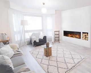 All white living room with electric modern fireplace idea
