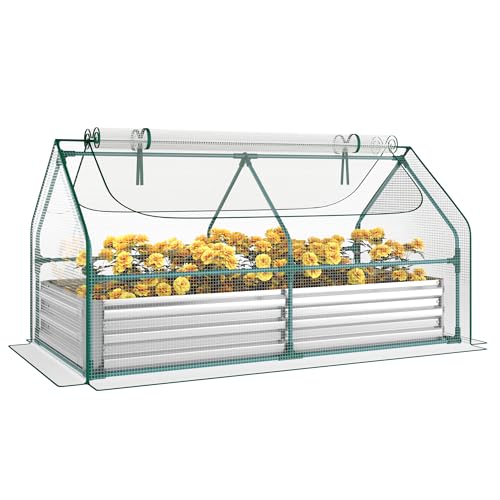 Miory Raised Garden Bed With Pe Cover, 6x3x1 Ft Galvanized Planter Box Outdoor With Greenhouse Cover, 2 Large Zippered Screen Windows for Vegetables, Flowers, Includes Labels &amp;amp; Gloves
