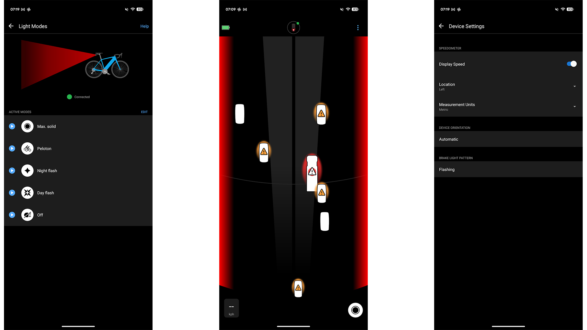 Screenshots from the Garmin Varia app on a smartphone