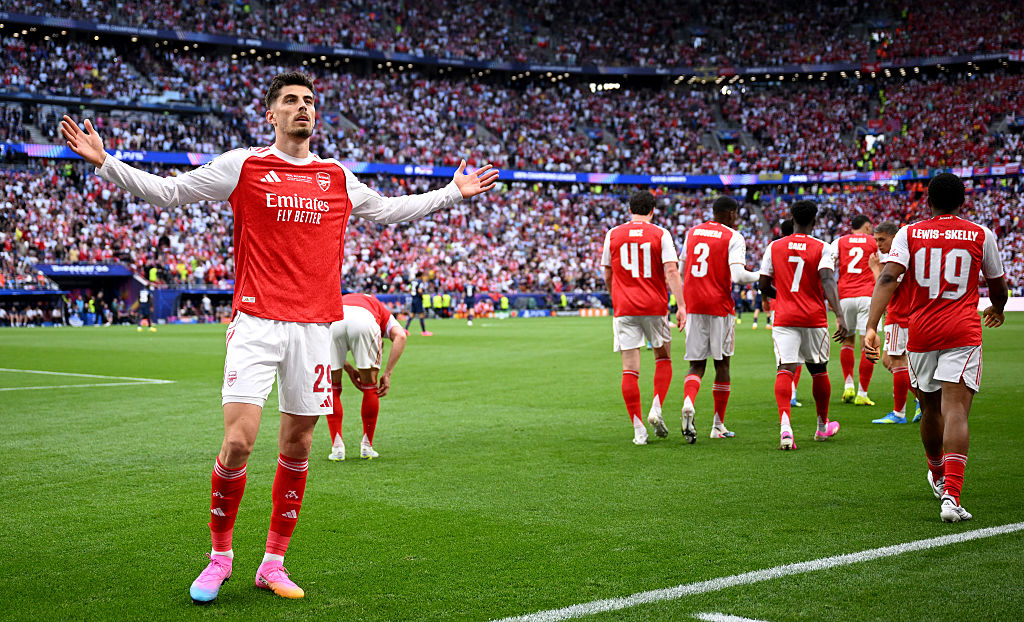 Kai Havertz celebrates scoring in Champions League Final 2026 match between Paris Saint-Germain and Arsena at Puskas Arena on May 30, 2026 in Budapest, Hungary.