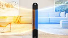 Dreo MC706 tower fan and heater in living room with orange and blue beams pictured coming out of the appliance. The fan and heater is in a living room with a large sofa, rug. and scenic views partially visible out of windows.