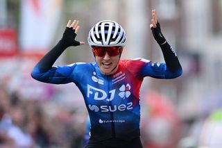 LIEGE BELGIUM APRIL 24 Grace Brown of Australia and Team FDJ Suez celebrates at finish line as race winner during the 8th Liege Bastogne Liege Femmes 2024 a 1529km one day race from Bastogne to Liege UCIWWT on April 24 2024 in Liege Belgium Photo by Dario BelingheriGetty Images
