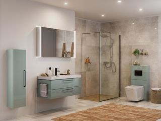 Modern shower room with wall hung units and lighting