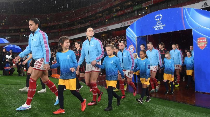 Arsenal&#039;s women walk out for their Champions League clash against Bayern Munich at the Emirates Stadium in March 2023.