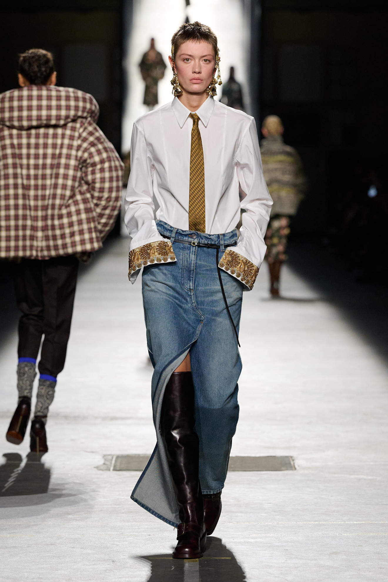 A model wore a denim maxi skirt on the Dries Van Noten Fall 2026 runway