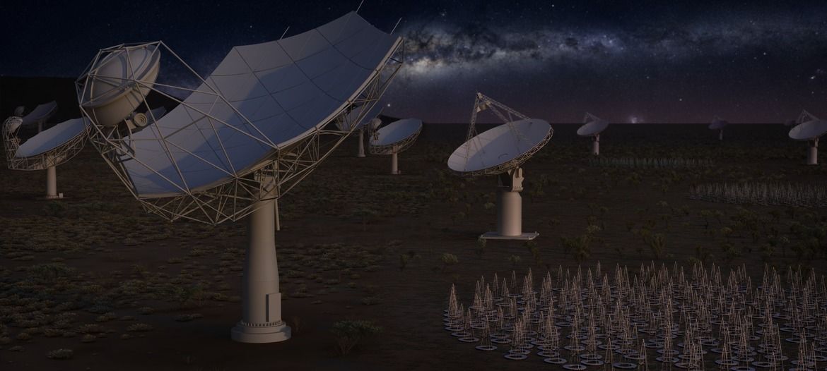 Artist&#039;s illustration of the full Square Kilometer Array at night featuring all four elements. The low frequency aperture array antennas (bottom right), and precursor ASKAP dishes (background right) will be located in Western Australia. The SKA-mid (front left) dishes and precursor MeerKAT dishes (background left) will be located in South Africa, with some remote stations in other African partner countries.